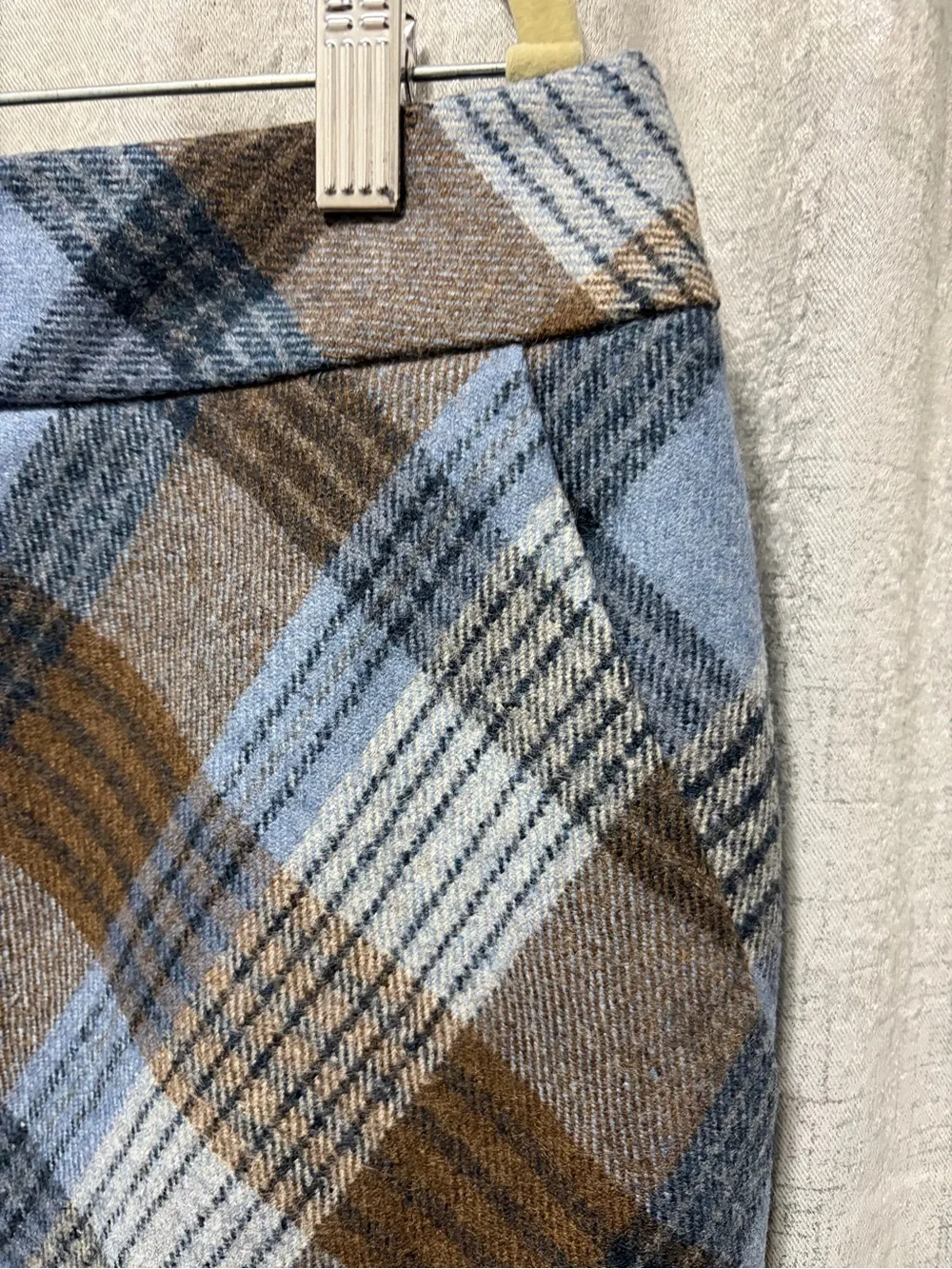 L.L. Bean Diagonal Plaid Pencil Skirt in Light Blue and Brown wool 12 nwt